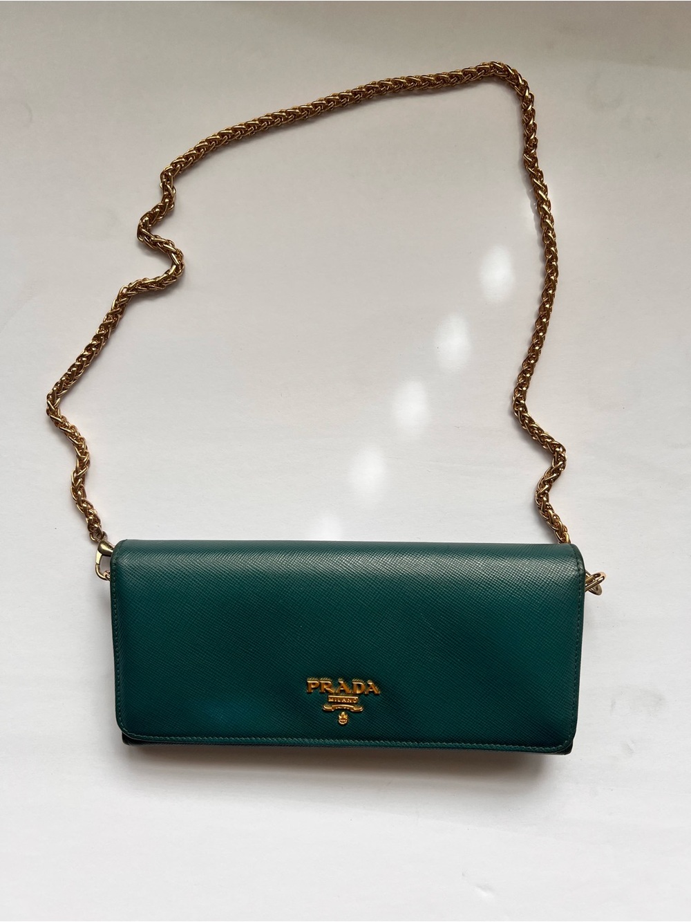 Prada Green Saffiano Leather Crossbody Wallet with Gold Chain